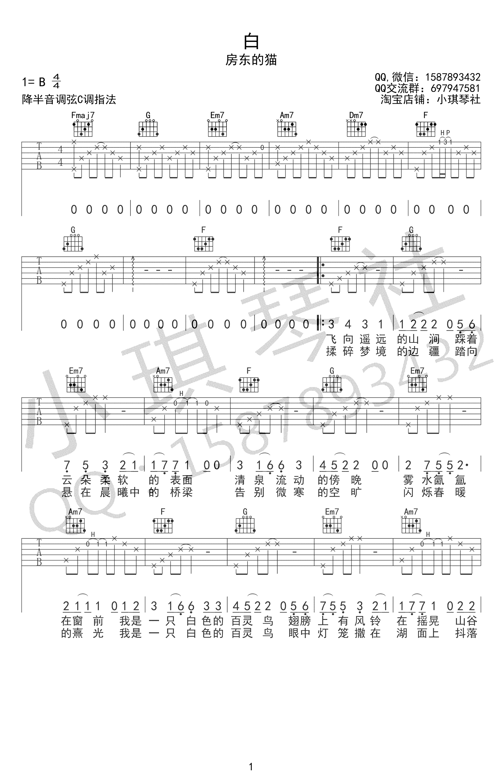 白吉他谱 C调弹唱谱 房东的猫1