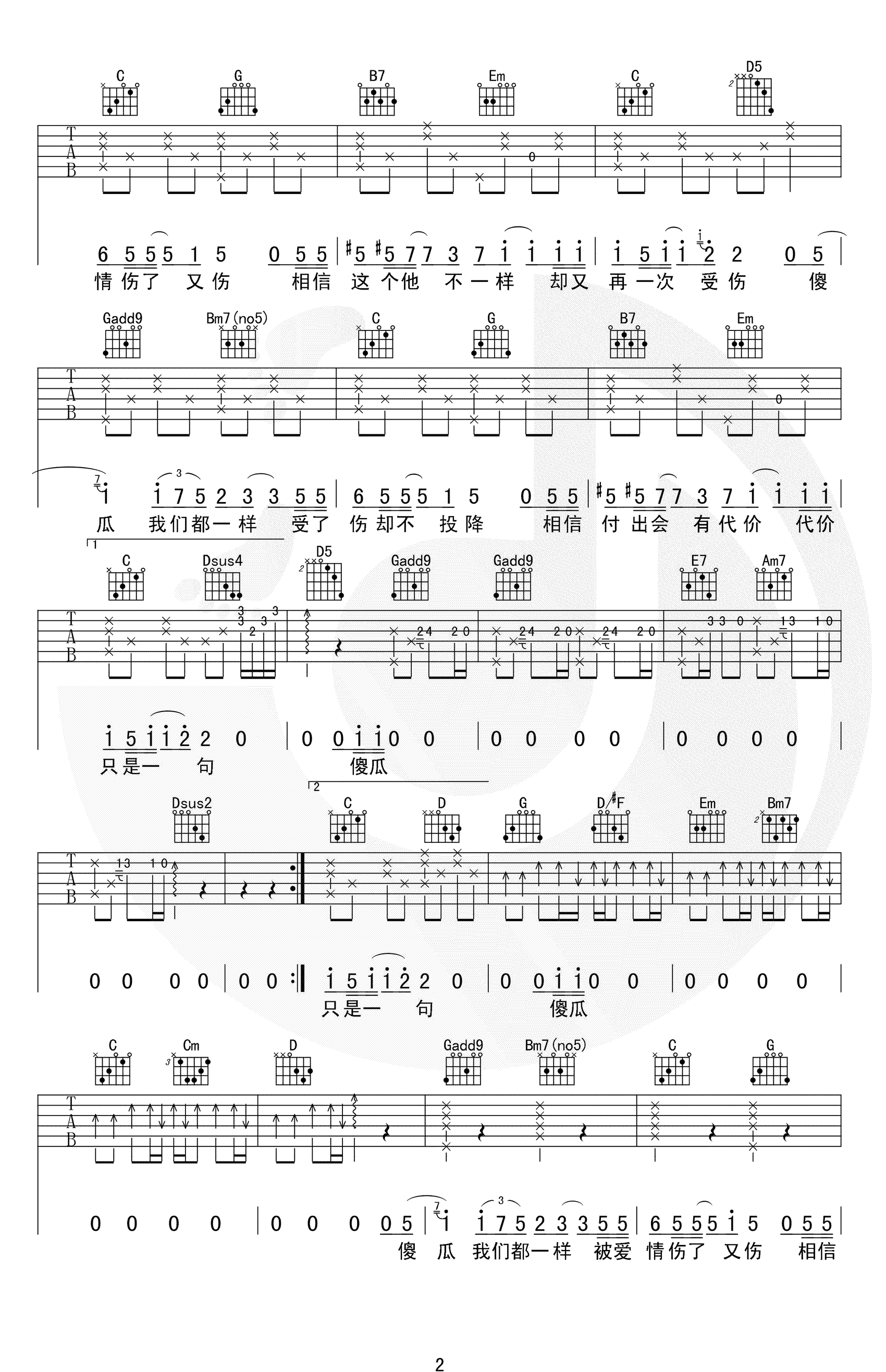 傻瓜吉他谱 G调弹唱谱 温岚2