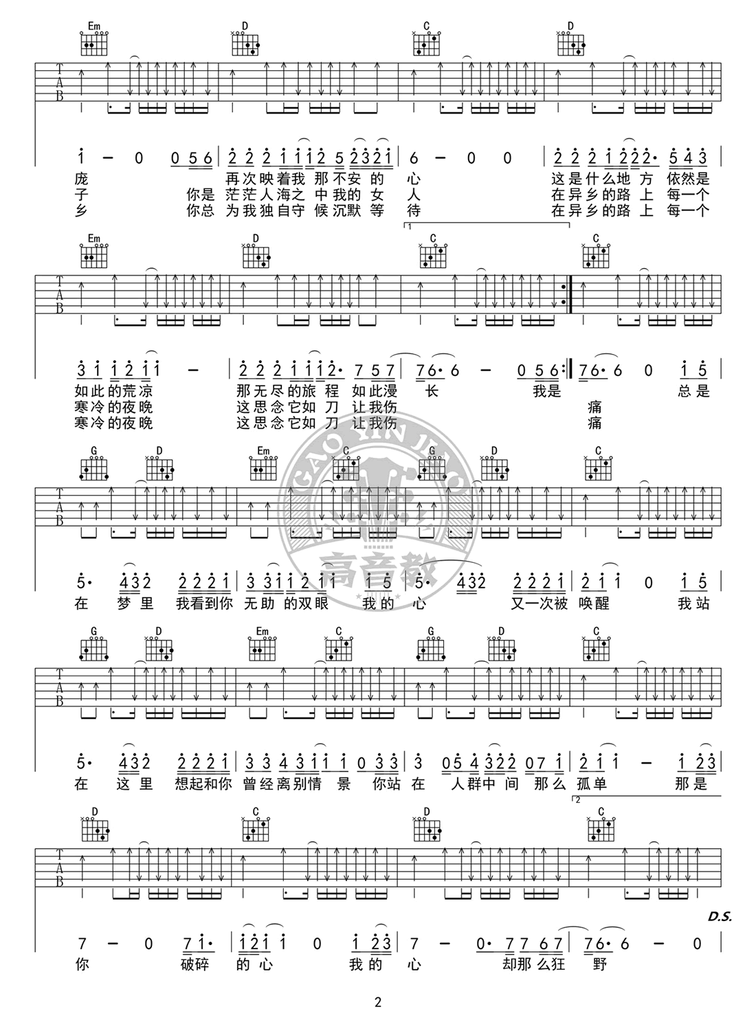 故乡吉他谱 G调标准版 许巍 吉他弹唱教学视频2