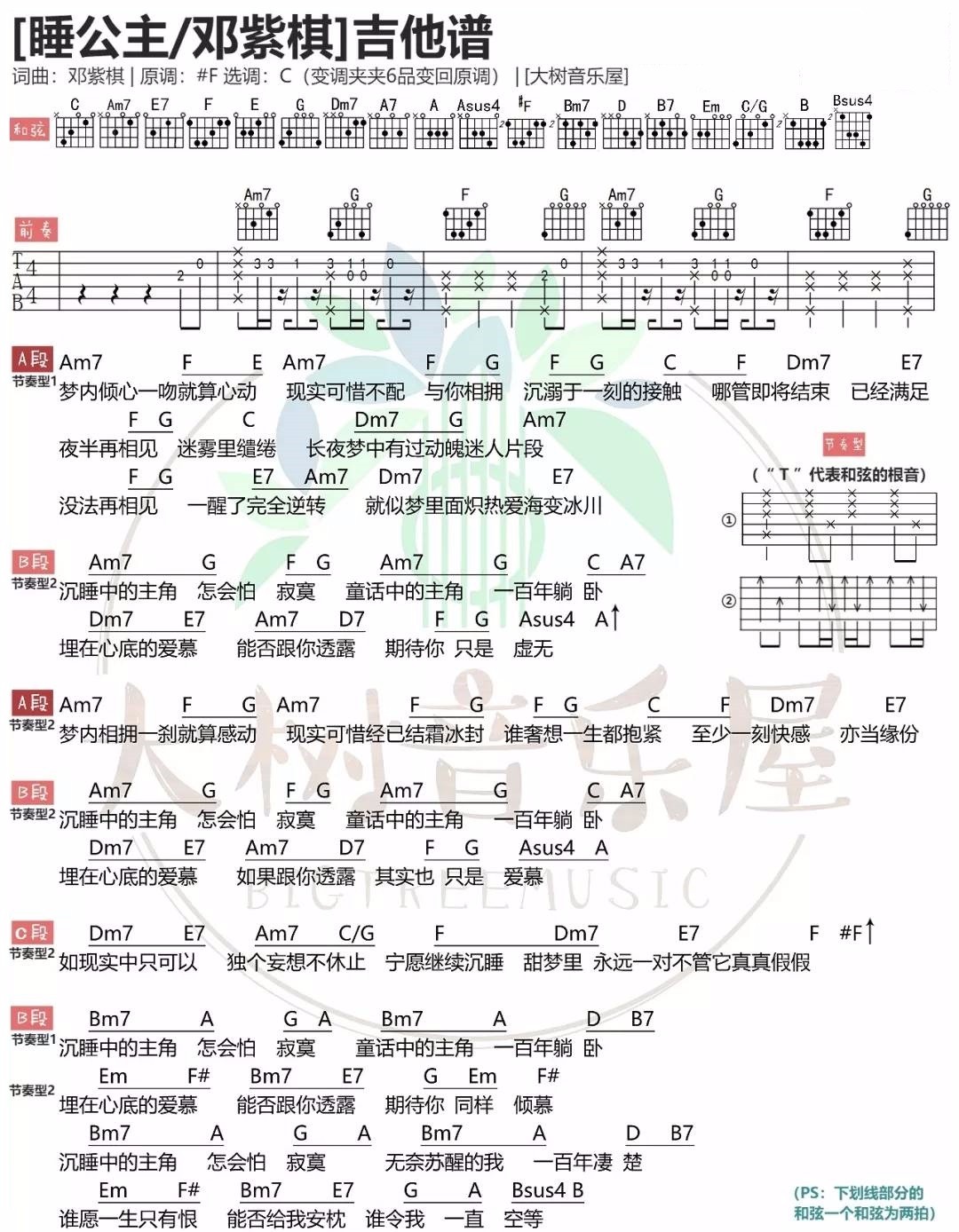 睡公主吉他谱 C调和弦图谱 邓紫棋 吉他弹唱教学1