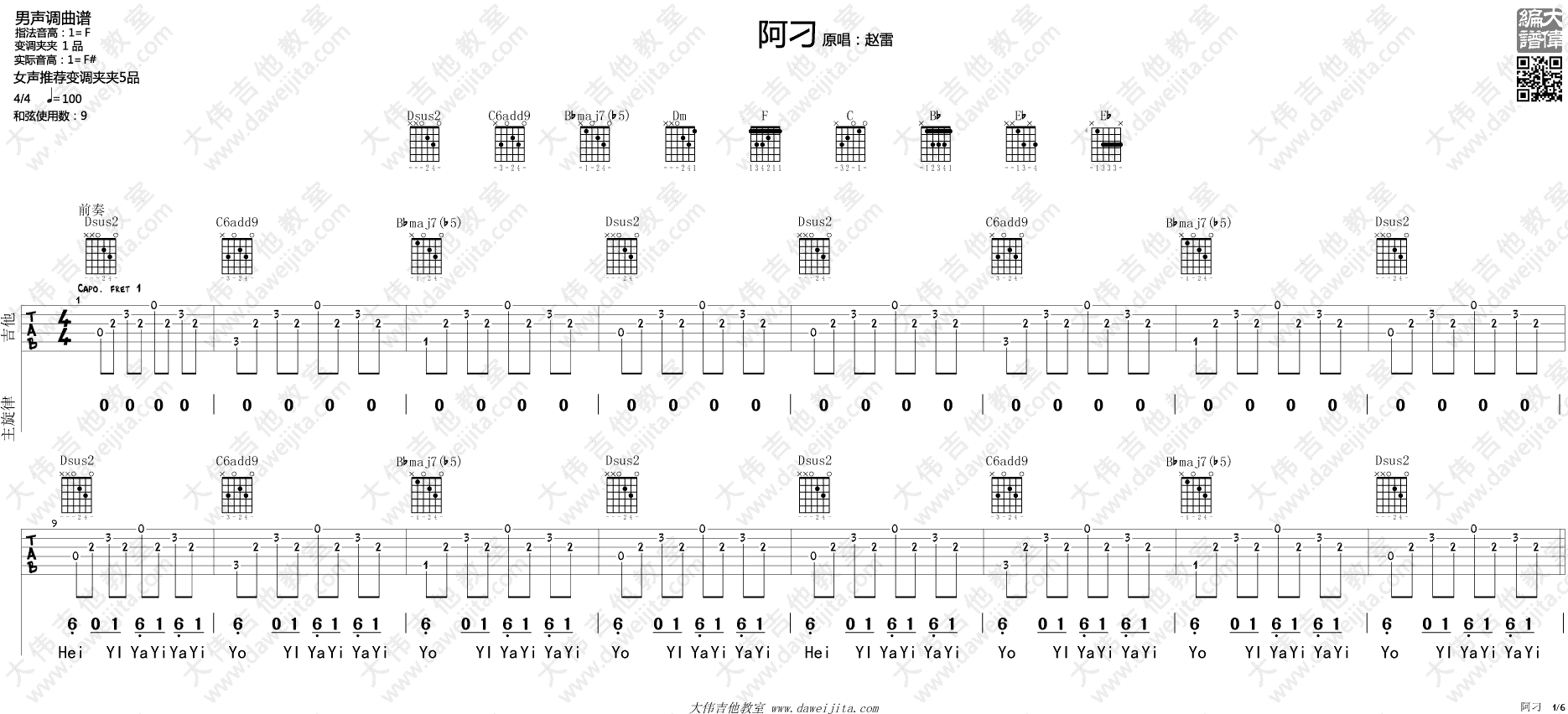 阿刁吉他谱_张韶涵/赵雷_《阿刁》女声版弹唱谱_高清六线谱1