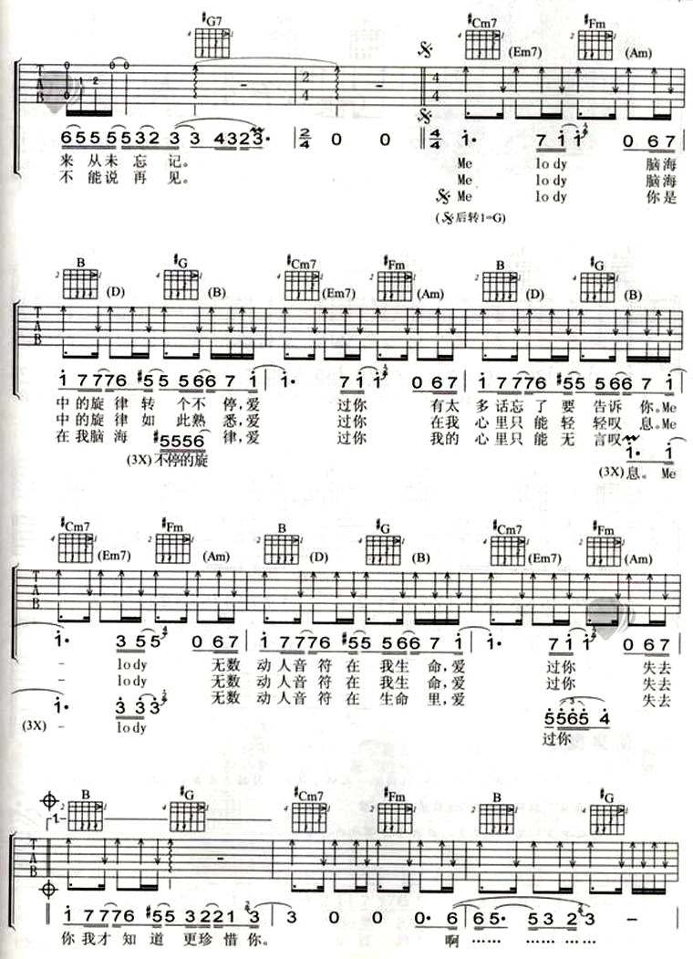 melody吉他谱_E调弹唱六线谱_原版图片谱_陶喆1