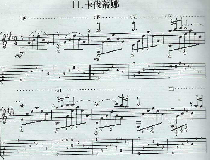 卡伐蒂娜指弹谱 原调六线谱-简单版-汤斯曼1