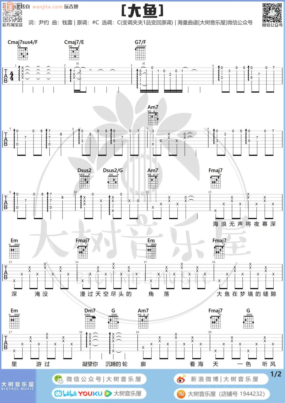 《大鱼》吉他谱_C调原版六线谱_大鱼吉他弹唱教学_周深1
