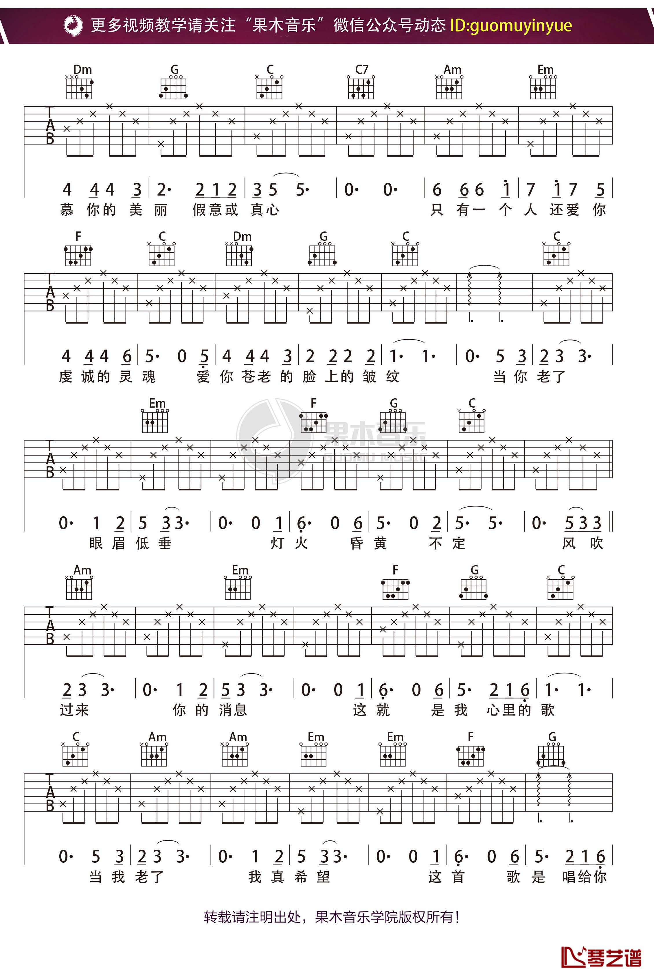 《当你老了》吉他谱 C调果木浪子吉他教学入门曲谱2