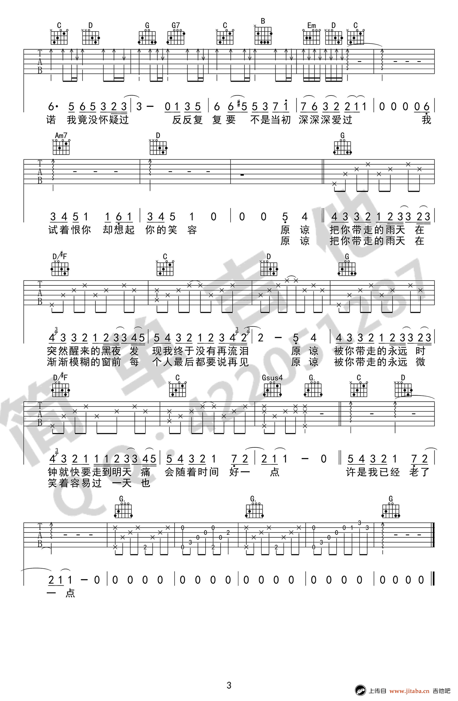 原谅吉他谱-张玉华《原谅》六线谱-完美弹唱谱3