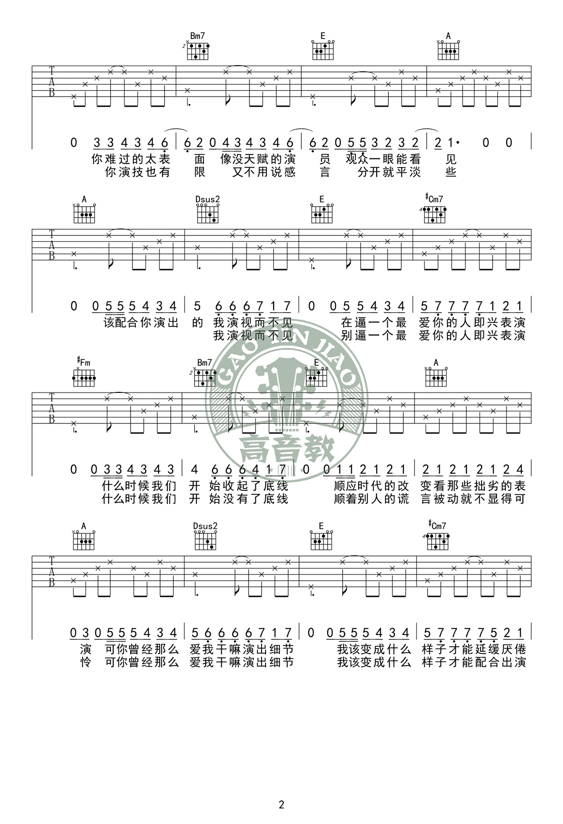 演员吉他谱-薛之谦-A调标准版-高清弹唱六线谱2