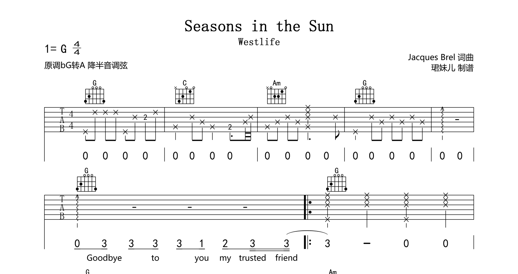《Seasons in the Sun》吉他谱_Westlife_C转bB调吉他谱1