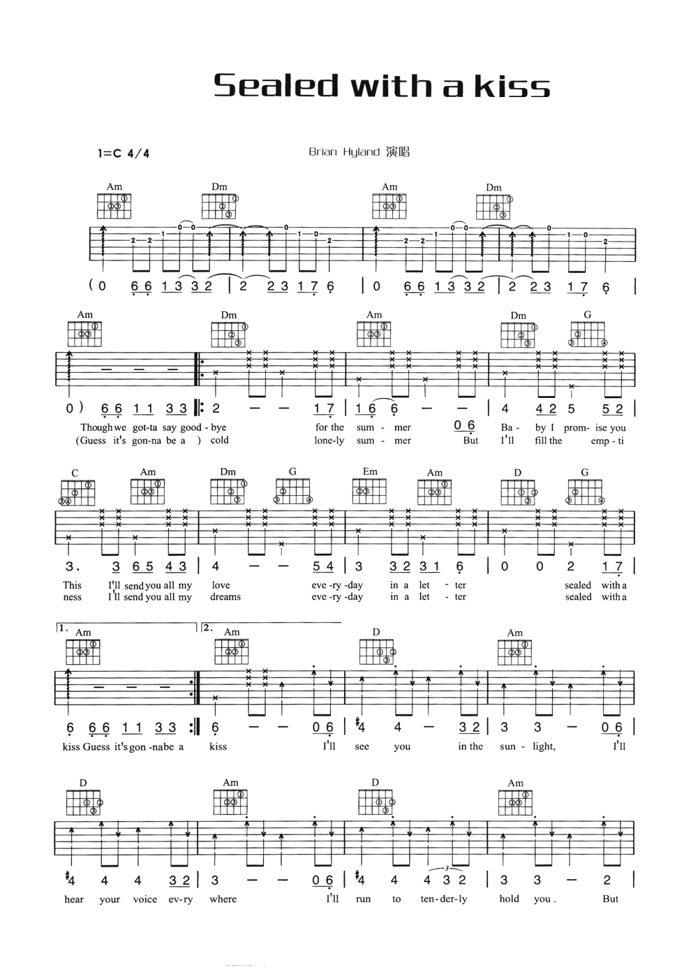 Sealed with a  kiss吉他谱 C调六线谱-简单版-Brian Hyland1