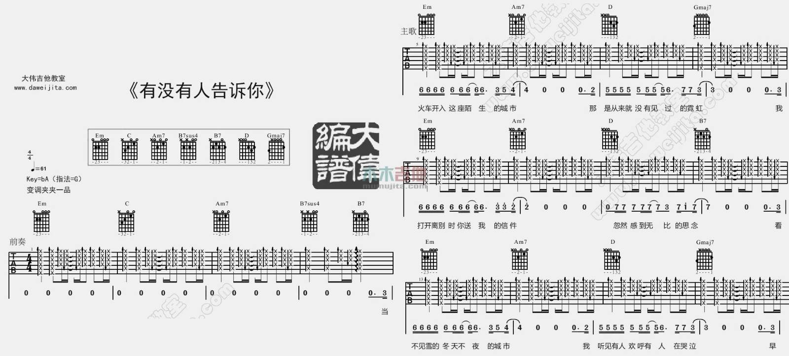 有没有人告诉你吉他谱_陈楚生_G调原版六线谱_吉他弹唱谱1