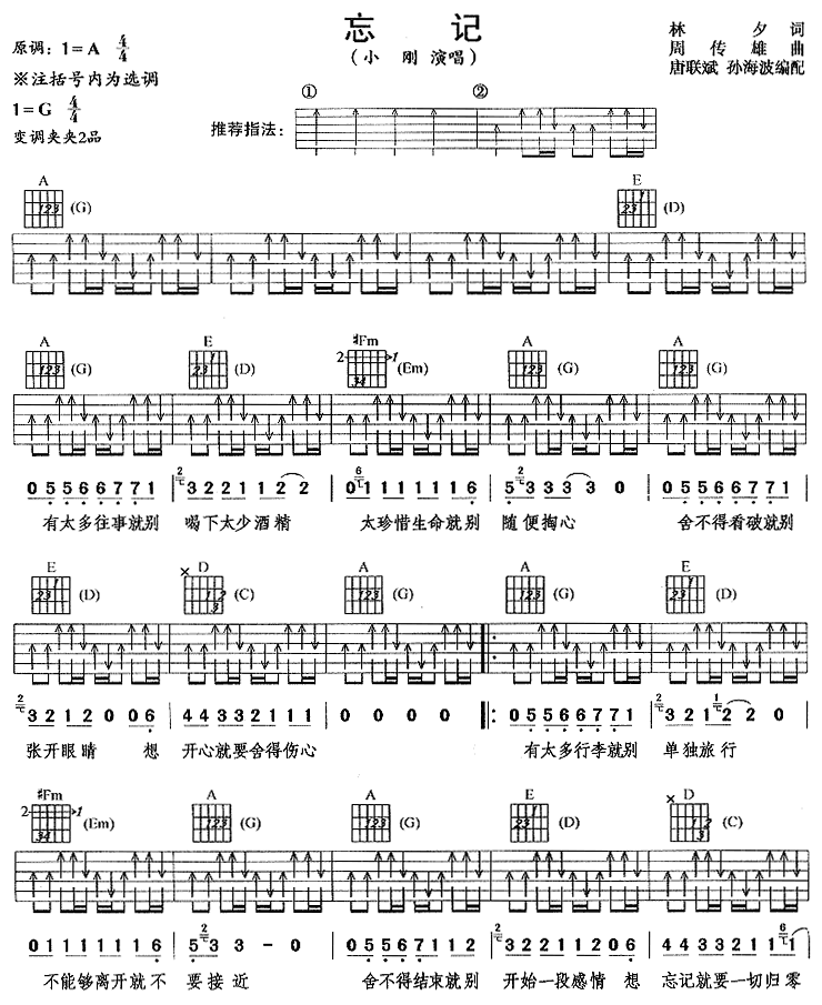 忘记吉他谱 C调六线谱-扫弦版-周传雄1