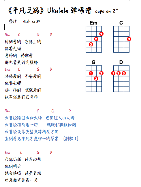 平凡之路尤克里里谱 小sa神 弹唱附谱1