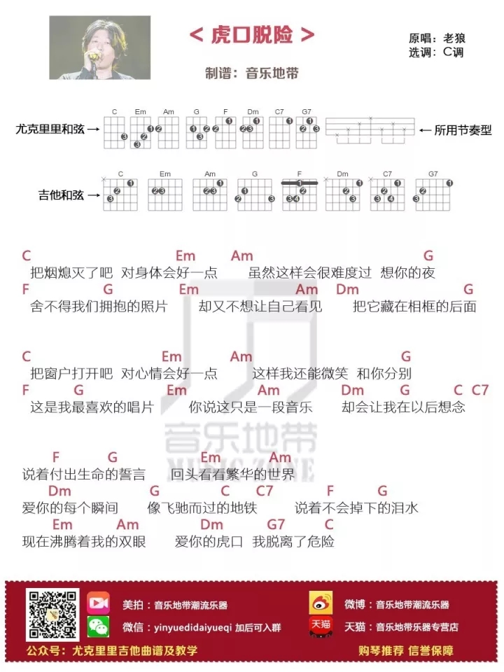 虎口脱险尤克里里谱-老狼 虽然这样很难度过想你的夜1