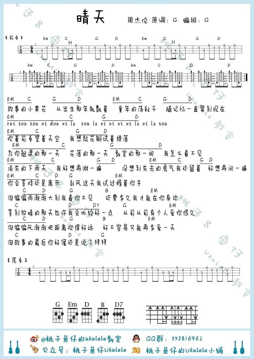 晴天尤克里里谱 BY香蕉 Ukulele 教学视频谱2