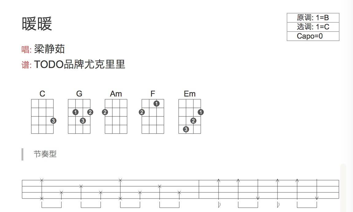 暖暖尤克里里谱 梁静茹 弹唱视频教学 TODO1