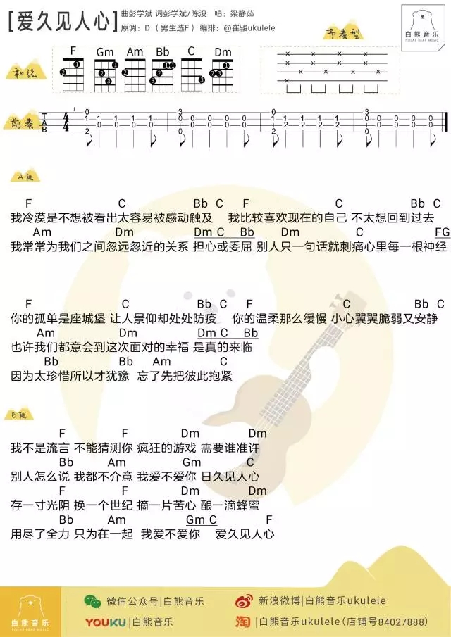 爱久见人心尤克里里谱 梁静茹 ukulele弹唱谱 白熊音乐出品2